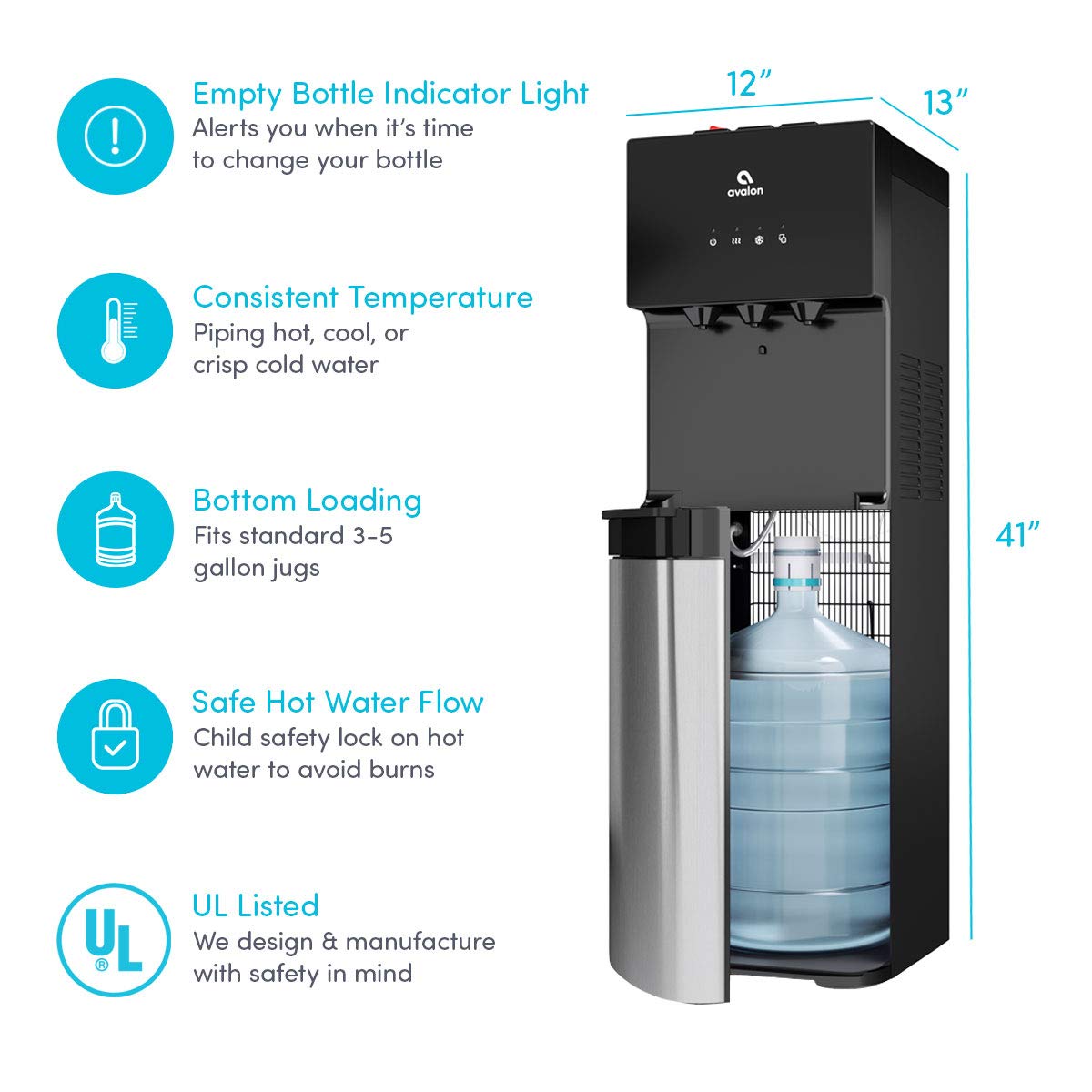 Avalon Bottom Loading Water Cooler Water Dispenser with BioGuard- 3 Temperature Settings - Hot, Cold & Room Water, Durable Stainless Steel Construction, Anti-Microbial Coating- UL Listed