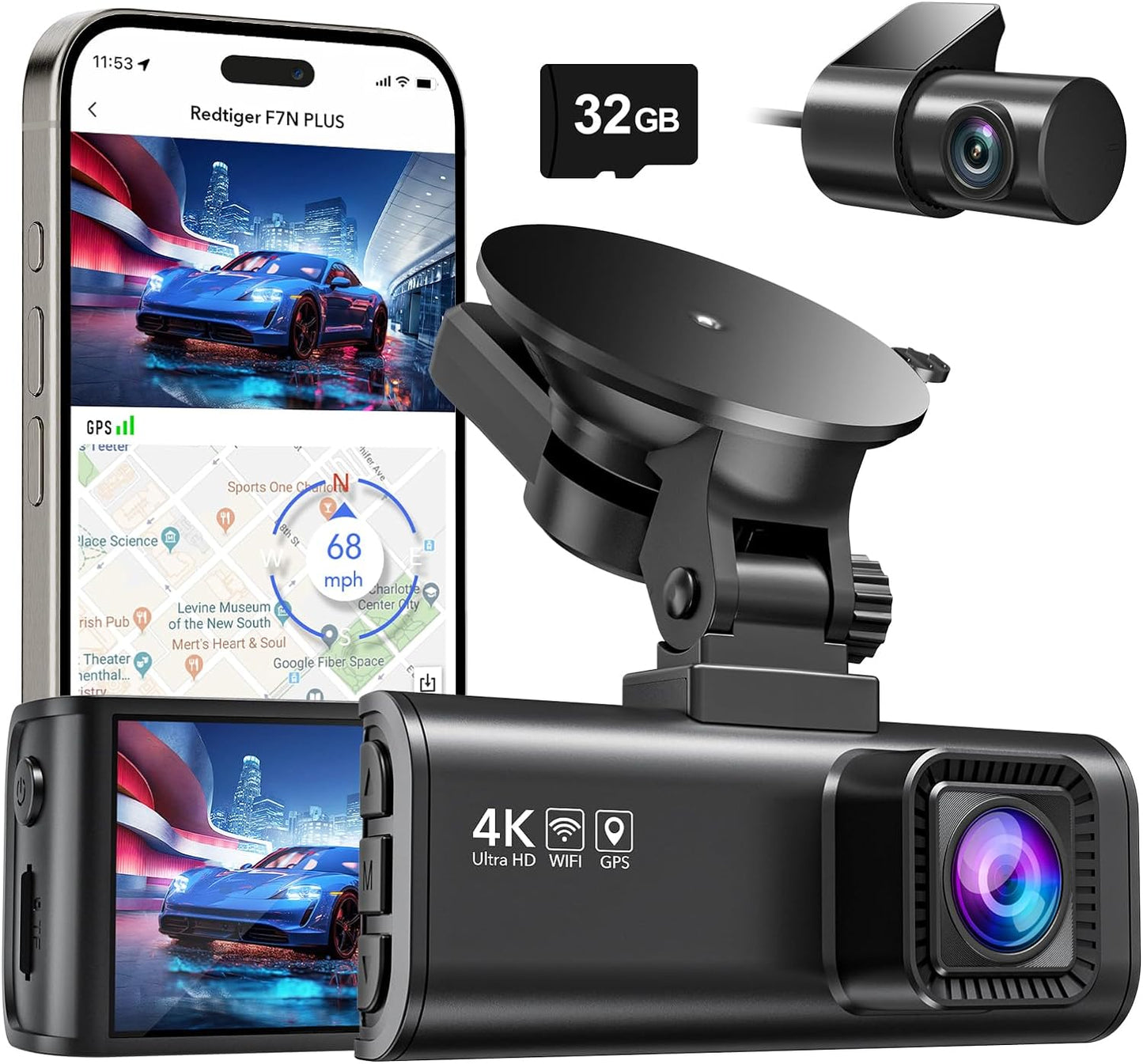 REDTIGER Dash Cam Front Rear, 4K/2.5K Full HD Dash Camera for Cars, Included 32GB Card, Built-in Wi-Fi GPS, 3.16” IPS Screen, Night Vision, 170°Wide Angle, WDR, 24H Parking Mode
