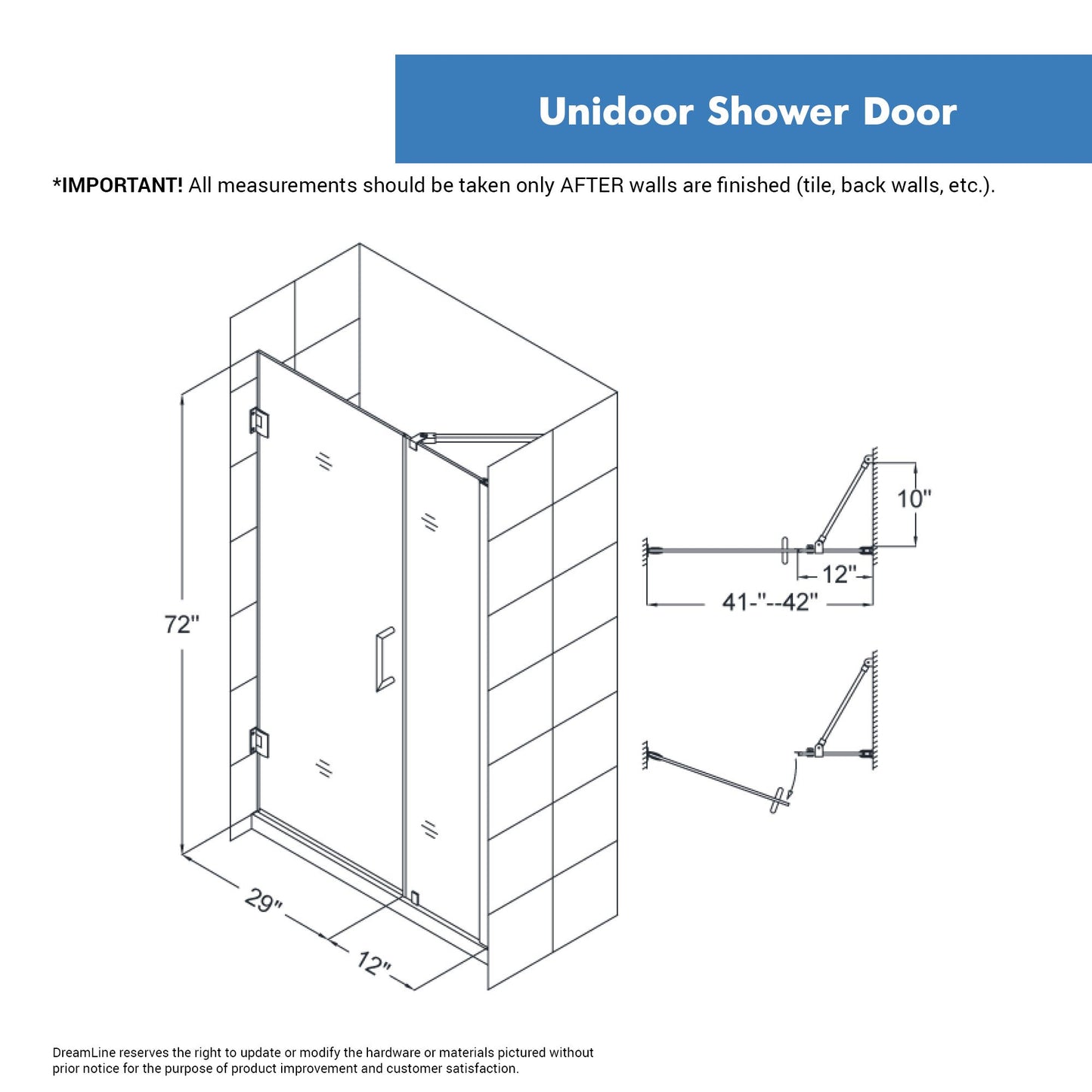 DreamLine Unidoor 57-58 in. W x 72 in. H Frameless Hinged Shower Door with Support Arm in Satin Black, SHDR-20577210-09