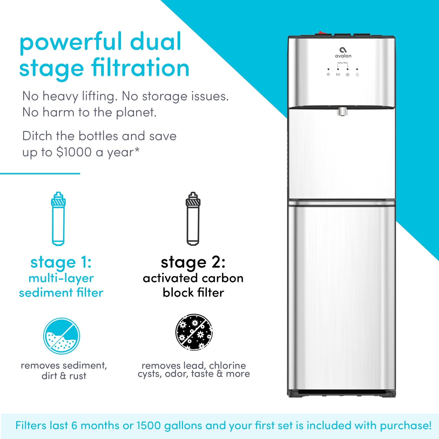Avalon Bottom Loading Water Cooler Water Dispenser with BioGuard- 3 Temperature Settings - Hot, Cold & Room Water, Durable Stainless Steel Construction, Anti-Microbial Coating- UL Listed