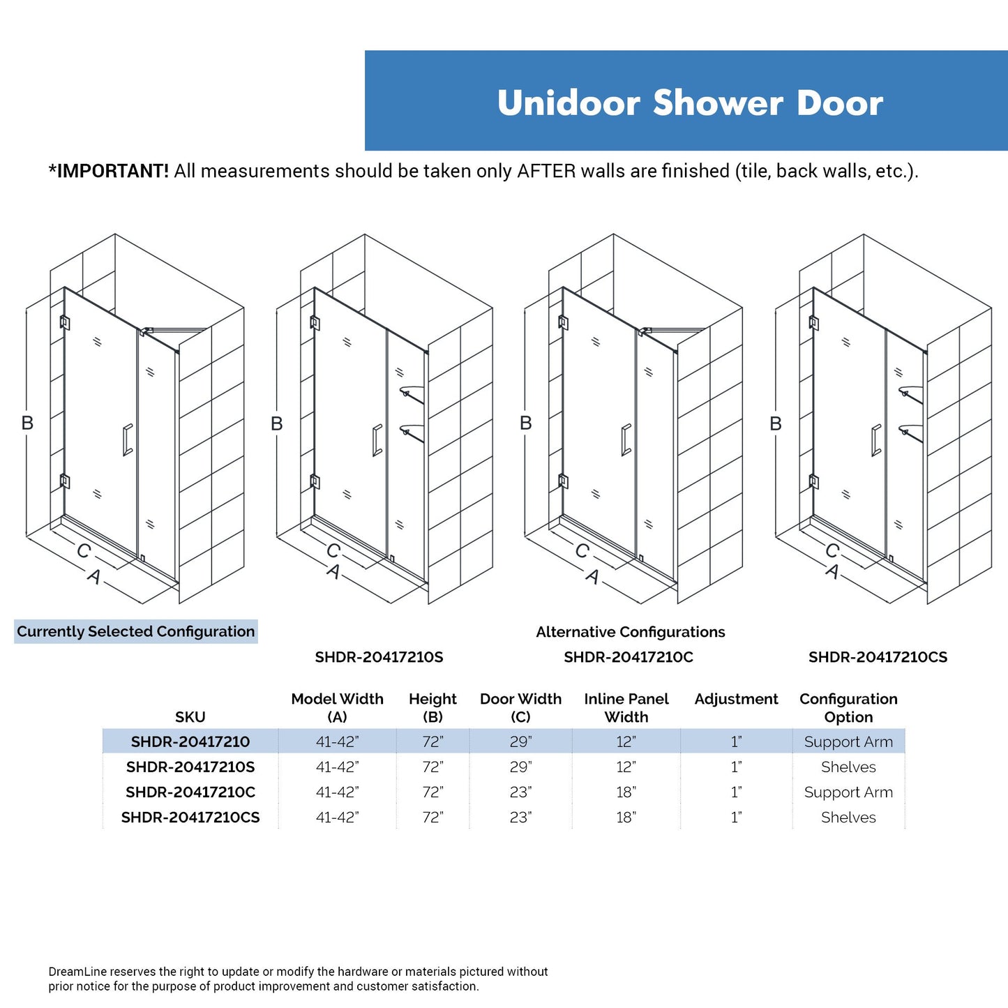 DreamLine Unidoor 57-58 in. W x 72 in. H Frameless Hinged Shower Door with Support Arm in Satin Black, SHDR-20577210-09