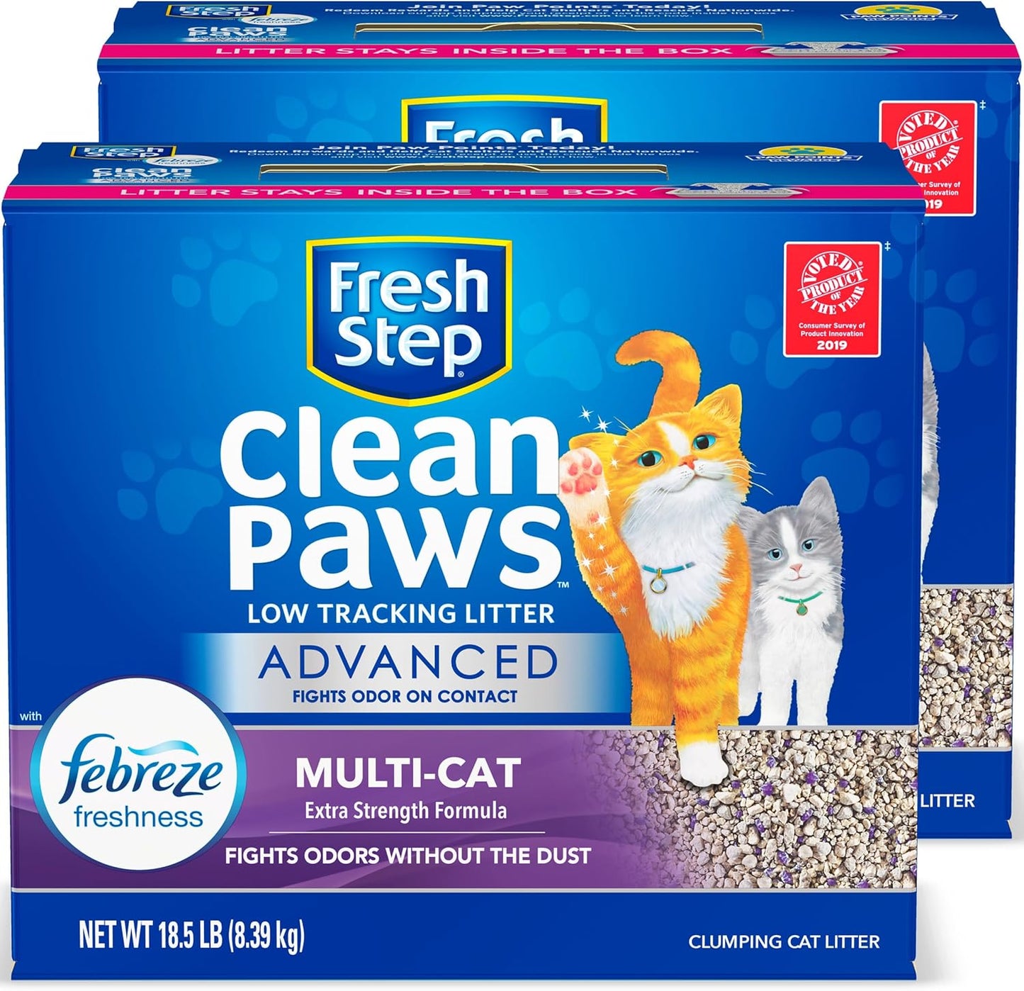 Fresh Step Clean Paws Cat Litter With Febreze Freshness, Advanced Multi-Cat Low-Tracking Clumping Litter With Guaranteed Odor Control, 37 lbs. (2 x 18.5 lb. Box)
