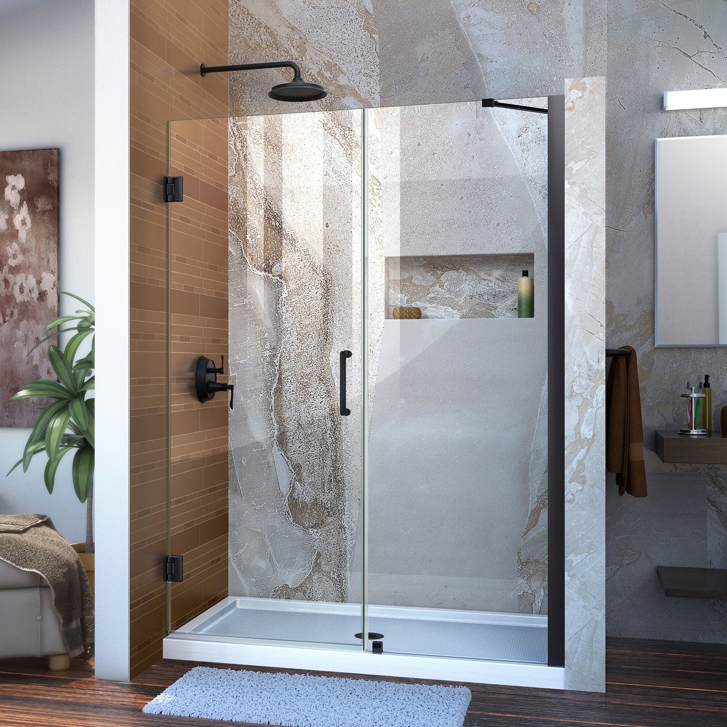 DreamLine Unidoor 57-58 in. W x 72 in. H Frameless Hinged Shower Door with Support Arm in Satin Black, SHDR-20577210-09