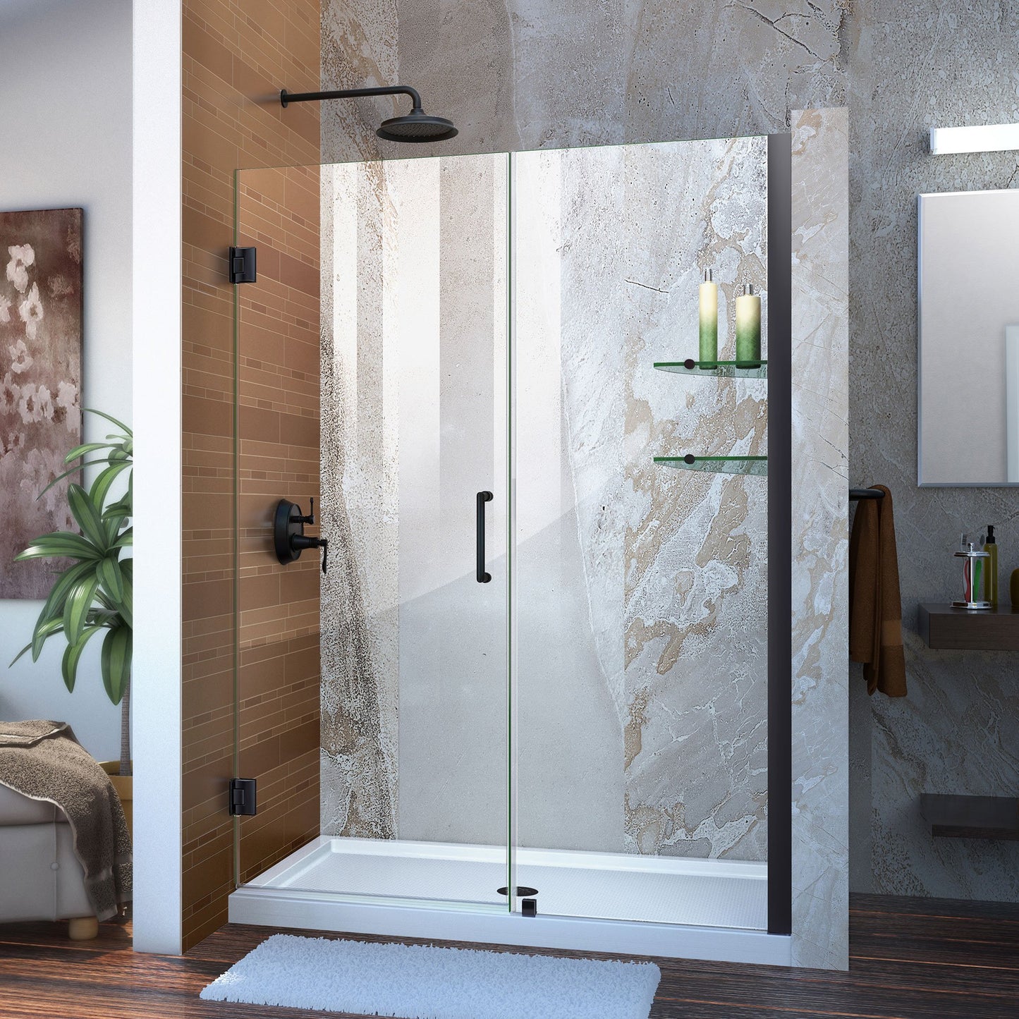 DreamLine Unidoor 57-58 in. W x 72 in. H Frameless Hinged Shower Door with Support Arm in Satin Black, SHDR-20577210-09