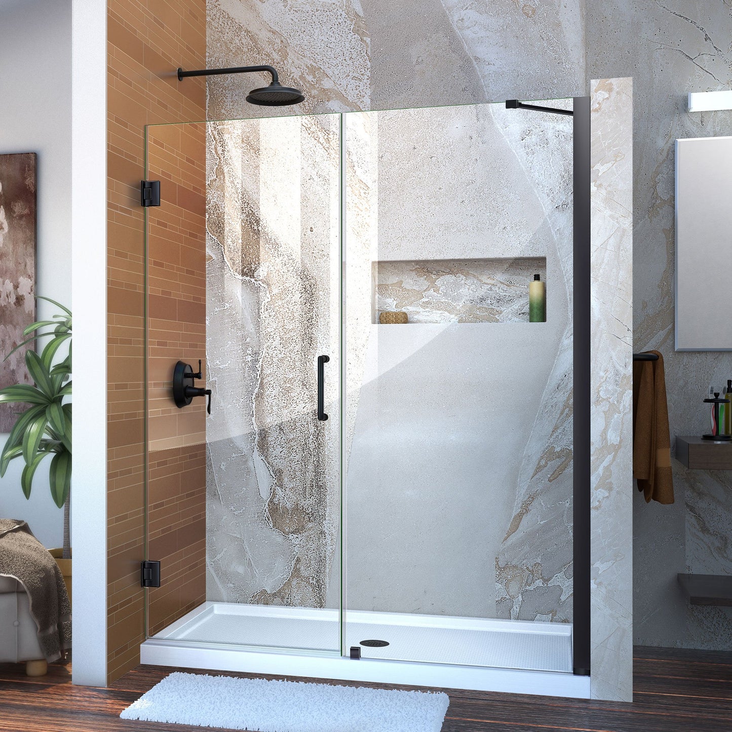 DreamLine Unidoor 57-58 in. W x 72 in. H Frameless Hinged Shower Door with Support Arm in Satin Black, SHDR-20577210-09