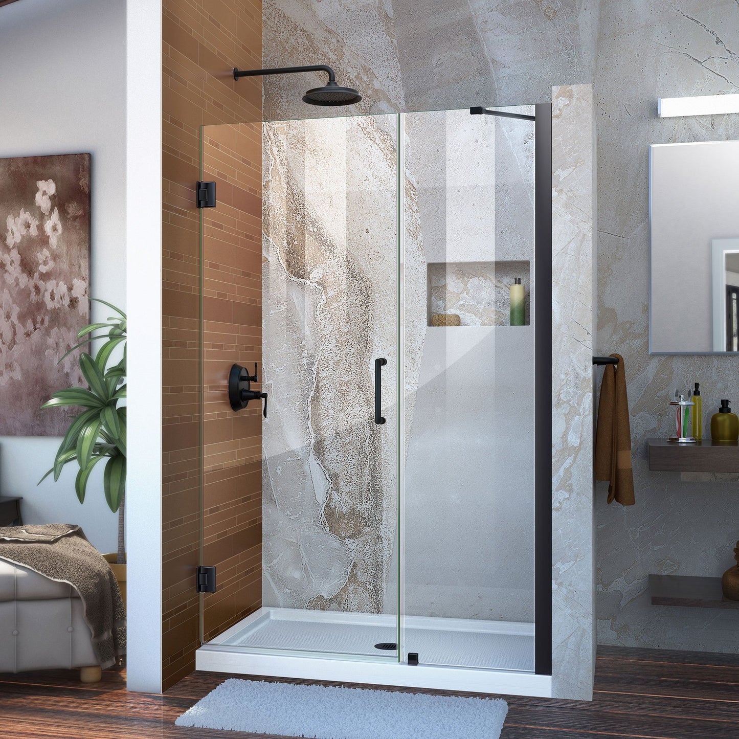 DreamLine Unidoor 57-58 in. W x 72 in. H Frameless Hinged Shower Door with Support Arm in Satin Black, SHDR-20577210-09