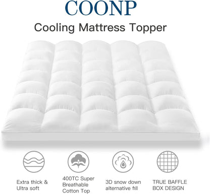 COONP Queen Mattress Topper, Extra Thick Pillowtop, Cooling and Plush Mattress Pad Cover 400TC Cotton with 8-21 Inch Deep Pocket 3D Snow Down Alternative Fill