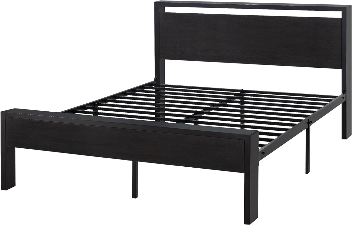 SHA CERLIN 14 Inch Queen Size Metal Platform Bed Frame with Wooden Headboard and Footboard, Mattress Foundation, No Box Spring Needed, Large Under Bed Storage, Non-Slip, Black Oak