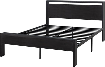SHA CERLIN 14 Inch Queen Size Metal Platform Bed Frame with Wooden Headboard and Footboard, Mattress Foundation, No Box Spring Needed, Large Under Bed Storage, Non-Slip, Black Oak