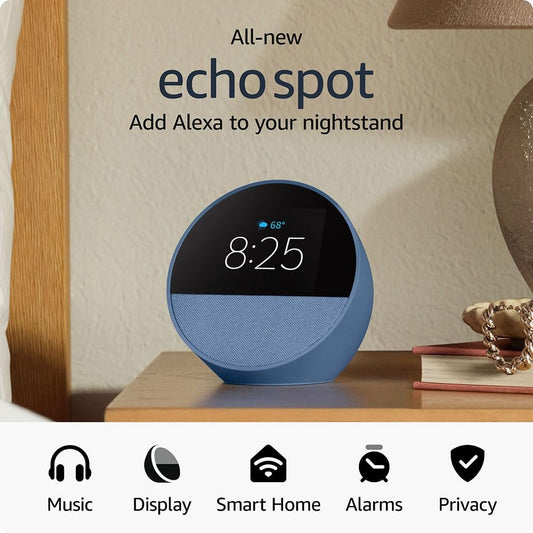 All-new Amazon Echo Spot (2024 release), Smart alarm clock with vibrant sound + Alexa, Ocean Blue