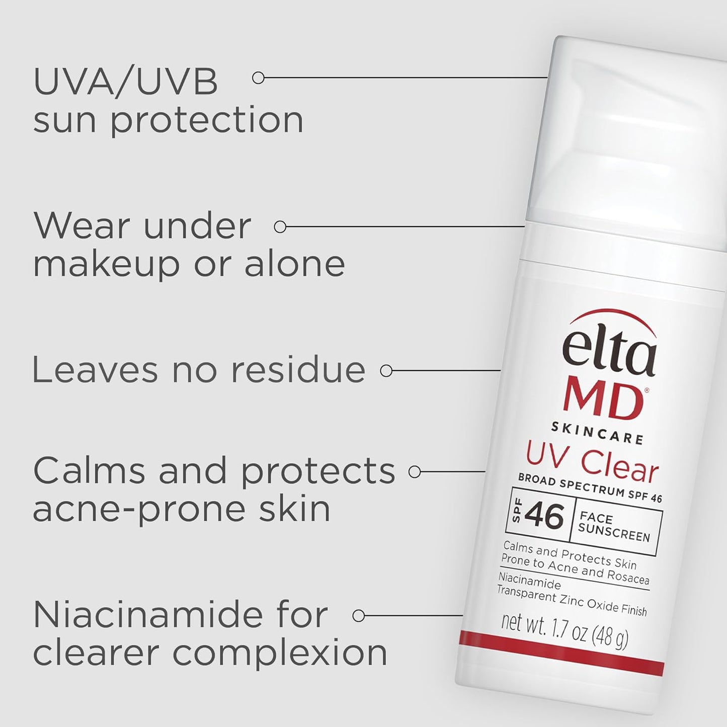 EltaMD UV Clear Face Sunscreen SPF 46, Oil Free Sunscreen with Zinc Oxide, Dermatologist Recommended Sunscreen, 1.7 oz Pump