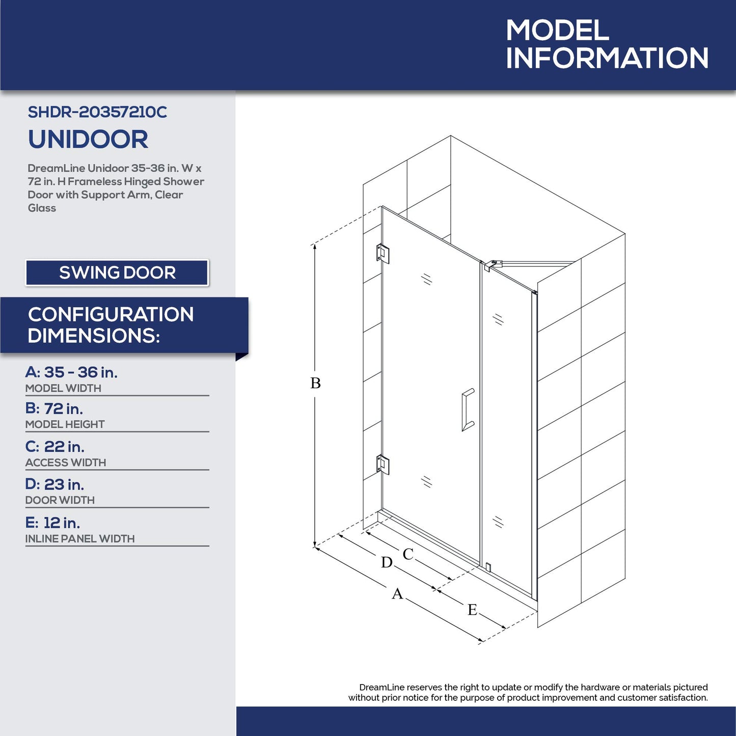 DreamLine Unidoor 57-58 in. W x 72 in. H Frameless Hinged Shower Door with Support Arm in Satin Black, SHDR-20577210-09