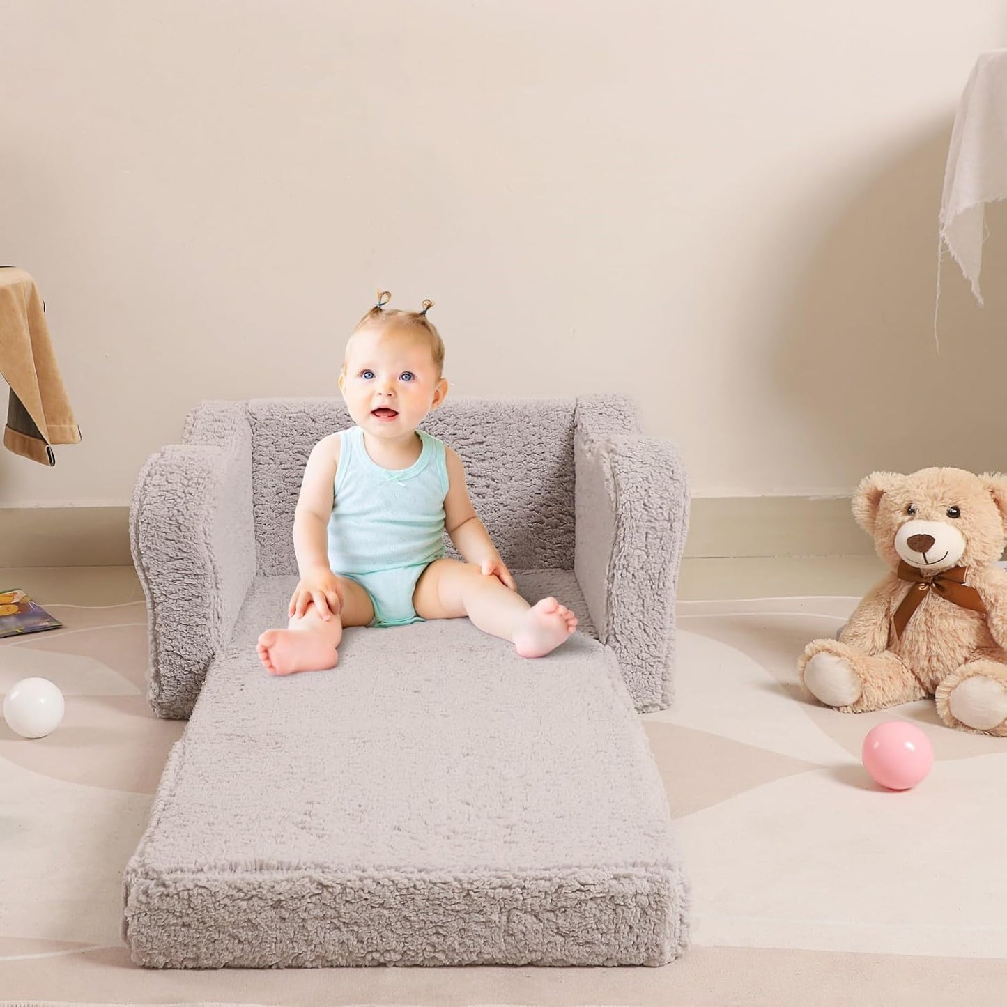 Kids Chairs for Toddler, 2-in-1 Toddler Soft Sherpa Couch Fold Out, Convertible Sofa to Lounger for Girls and Boys, Grey