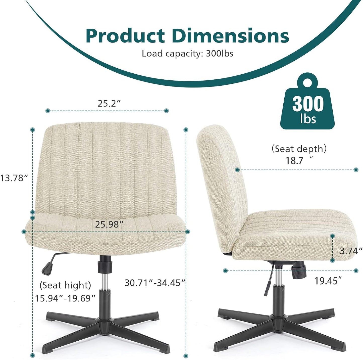 OLIXIS Cross Legged Armless Wide Adjustable Swivel Padded Home Office Desk Chair, Beige