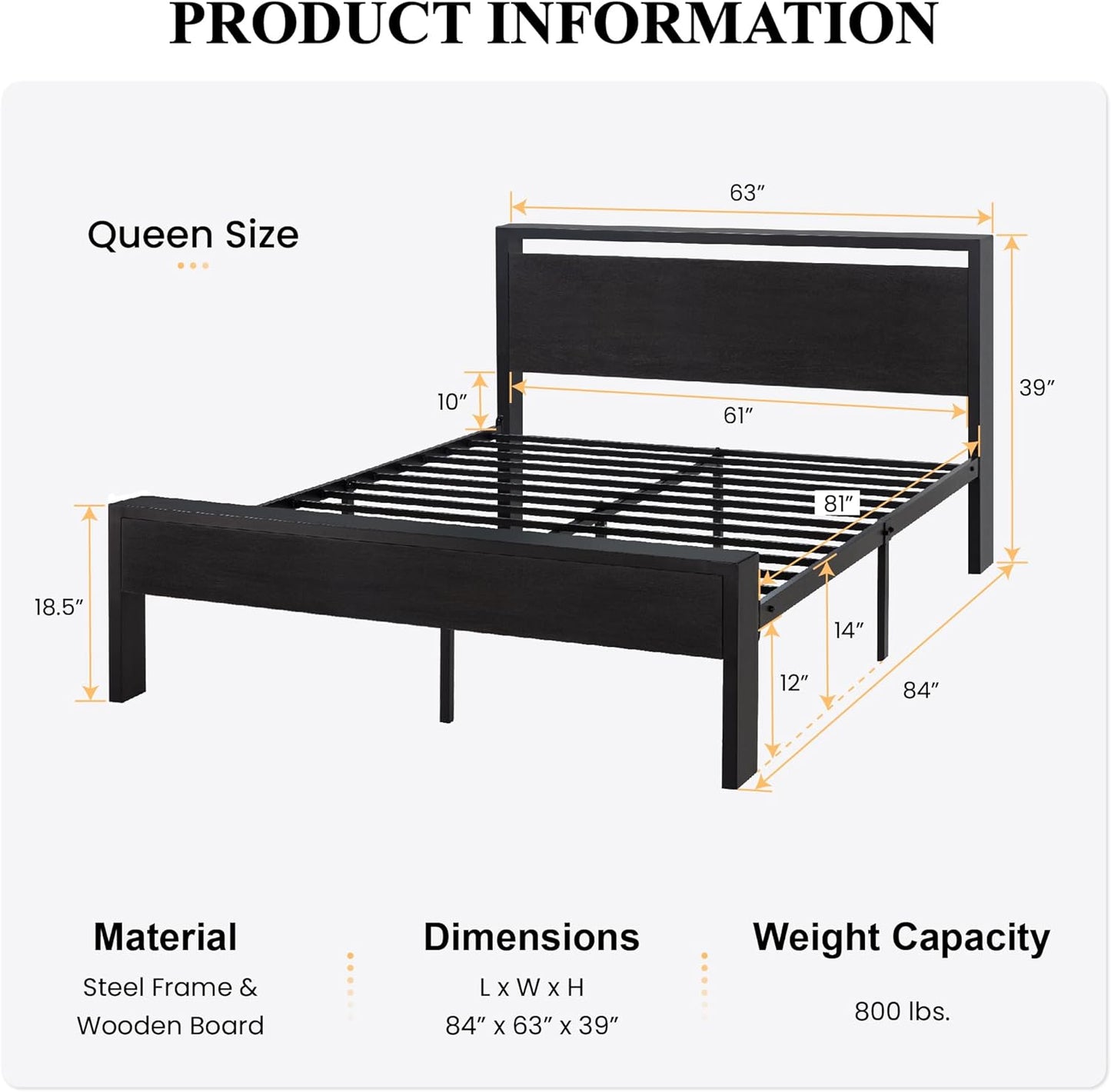 SHA CERLIN 14 Inch Queen Size Metal Platform Bed Frame with Wooden Headboard and Footboard, Mattress Foundation, No Box Spring Needed, Large Under Bed Storage, Non-Slip, Black Oak