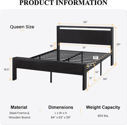 SHA CERLIN 14 Inch Queen Size Metal Platform Bed Frame with Wooden Headboard and Footboard, Mattress Foundation, No Box Spring Needed, Large Under Bed Storage, Non-Slip, Black Oak