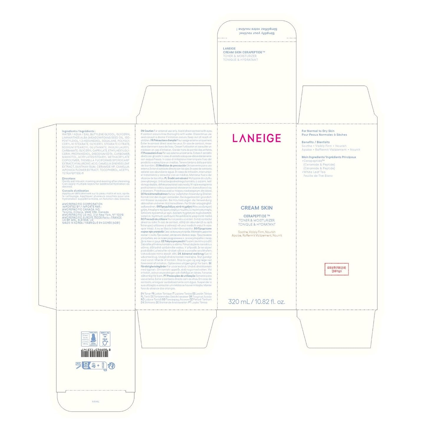 LANEIGE Cream Skin Refillable Toner & Moisturizer with Ceramides and Peptides: Korean Milky Toner, Amino Acid, Nourish, Hydrate, Barrier-Boosting, Visibly Firm