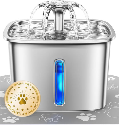 Veken Innovation Award Winner Stainless Steel Cat Water Fountain, 95oz/2.8L Automatic Pet Fountain Dog Water Dispenser with Replacement Filters & Silicone Mat for Cats, Dogs, Multiple Pets (Silver)