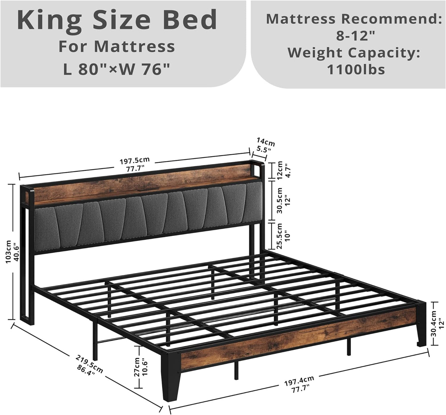 LIKIMIO King Size Bed Frame, Storage Headboard with Charging Station, Solid and Stable, Noise Free, No Box Spring Needed, Easy Assembly