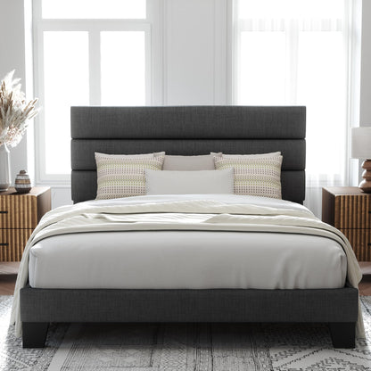 Allewie Queen Size Platform Bed Frame with Fabric Upholstered Headboard and Wooden Slats Support, Fully Upholstered Mattress Foundation/No Box Spring Needed/Easy Assembly, Dark Grey