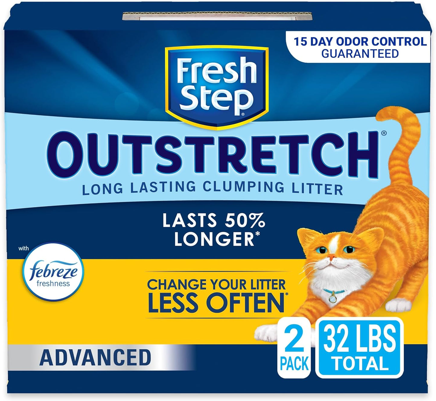 Fresh Step Outstretch Advanced Long Lasting Clumping Litter With Febreze Freshness and Guaranteed Odor Control, Activated Charcoal Litter Lasts 50% Longer, 32 lbs. (2 x 16 lb. Box)