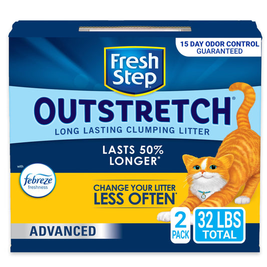 Fresh Step Outstretch Advanced Long Lasting Clumping Litter With Febreze Freshness and Guaranteed Odor Control, Activated Charcoal Litter Lasts 50% Longer, 32 lbs. (2 x 16 lb. Box)