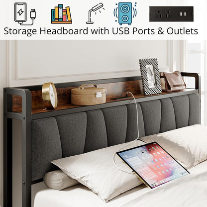 LIKIMIO King Size Bed Frame, Storage Headboard with Charging Station, Solid and Stable, Noise Free, No Box Spring Needed, Easy Assembly