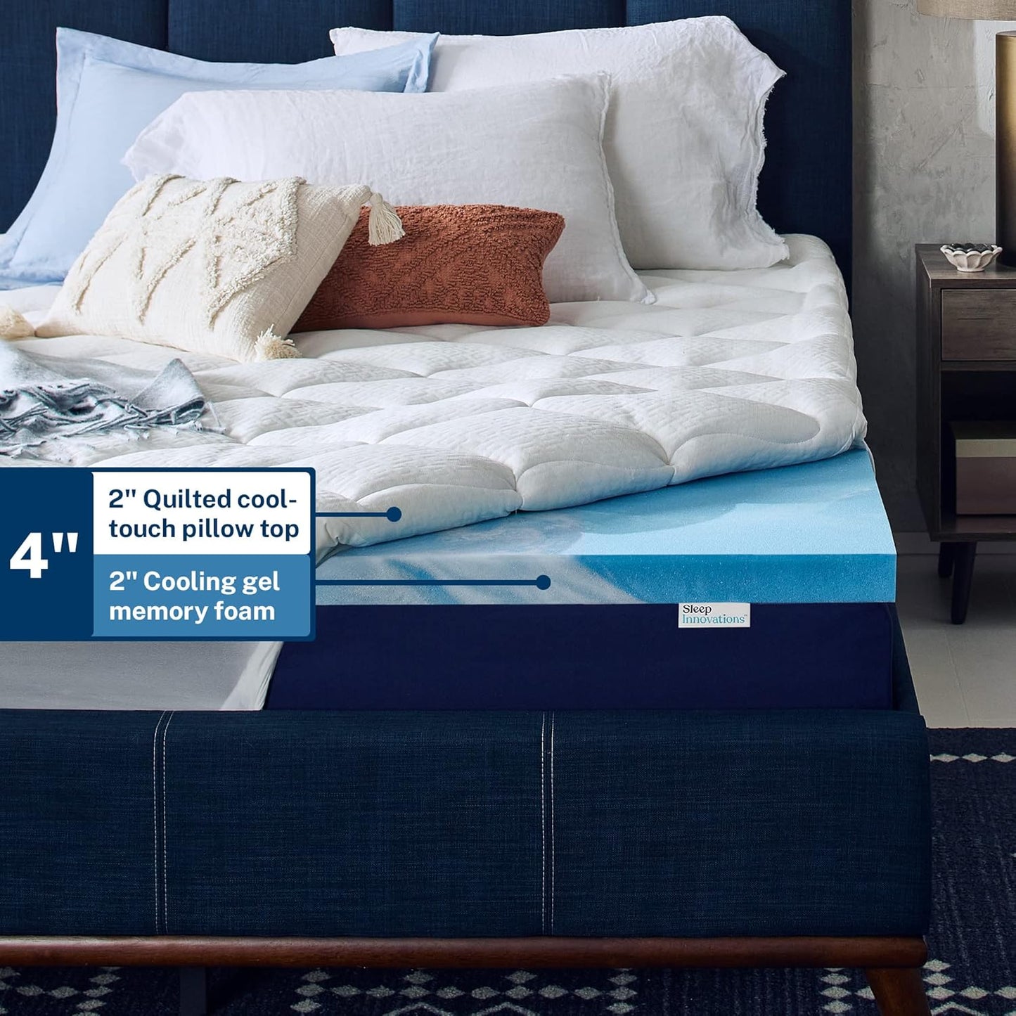 Sleep Innovations Cooling Comfort Gel Memory Foam Dual Layer Mattress Topper, 4 Inch, King Size, Pillow Top Cover