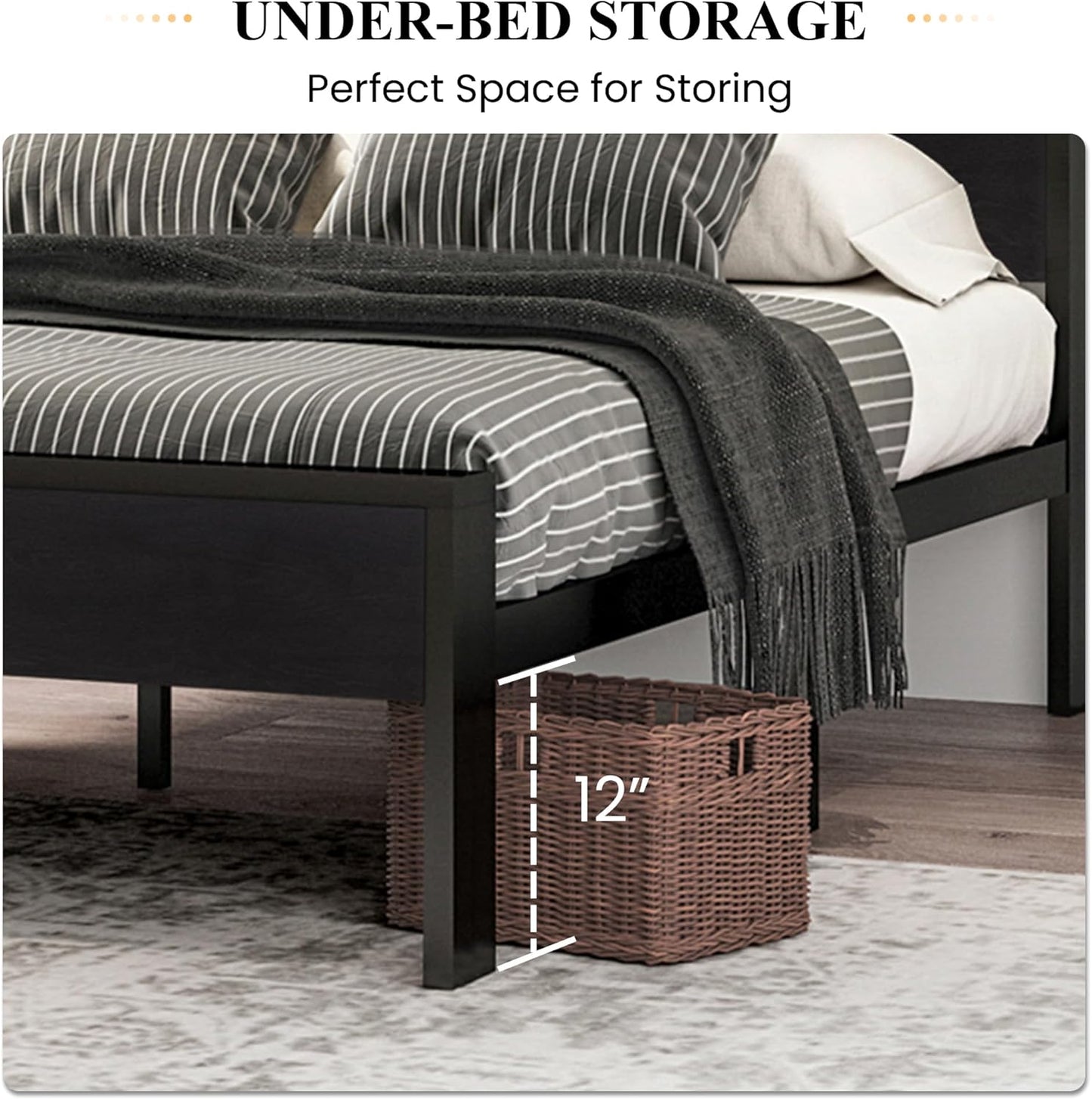 SHA CERLIN 14 Inch Queen Size Metal Platform Bed Frame with Wooden Headboard and Footboard, Mattress Foundation, No Box Spring Needed, Large Under Bed Storage, Non-Slip, Black Oak