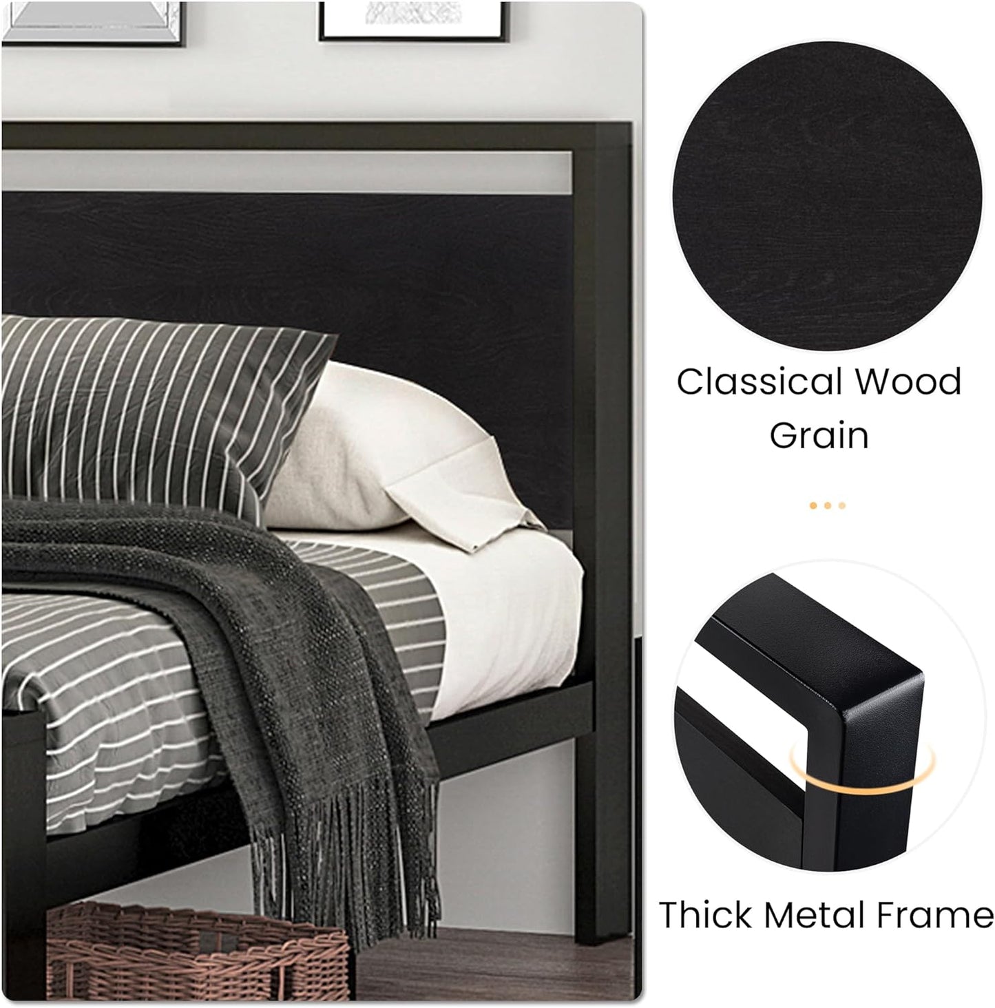 SHA CERLIN 14 Inch Queen Size Metal Platform Bed Frame with Wooden Headboard and Footboard, Mattress Foundation, No Box Spring Needed, Large Under Bed Storage, Non-Slip, Black Oak