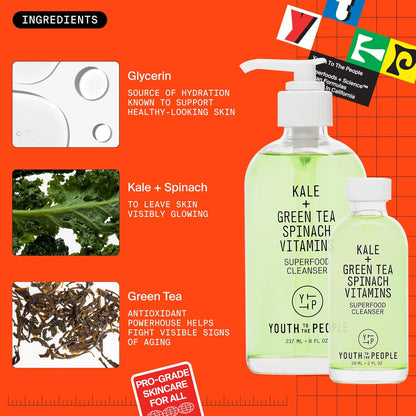Youth To The People Superfood Facial Cleanser - Kale and Green Tea Cleanser - Gentle Face Wash, Makeup Remover + Pore Minimizer for All Skin Types - Vegan
