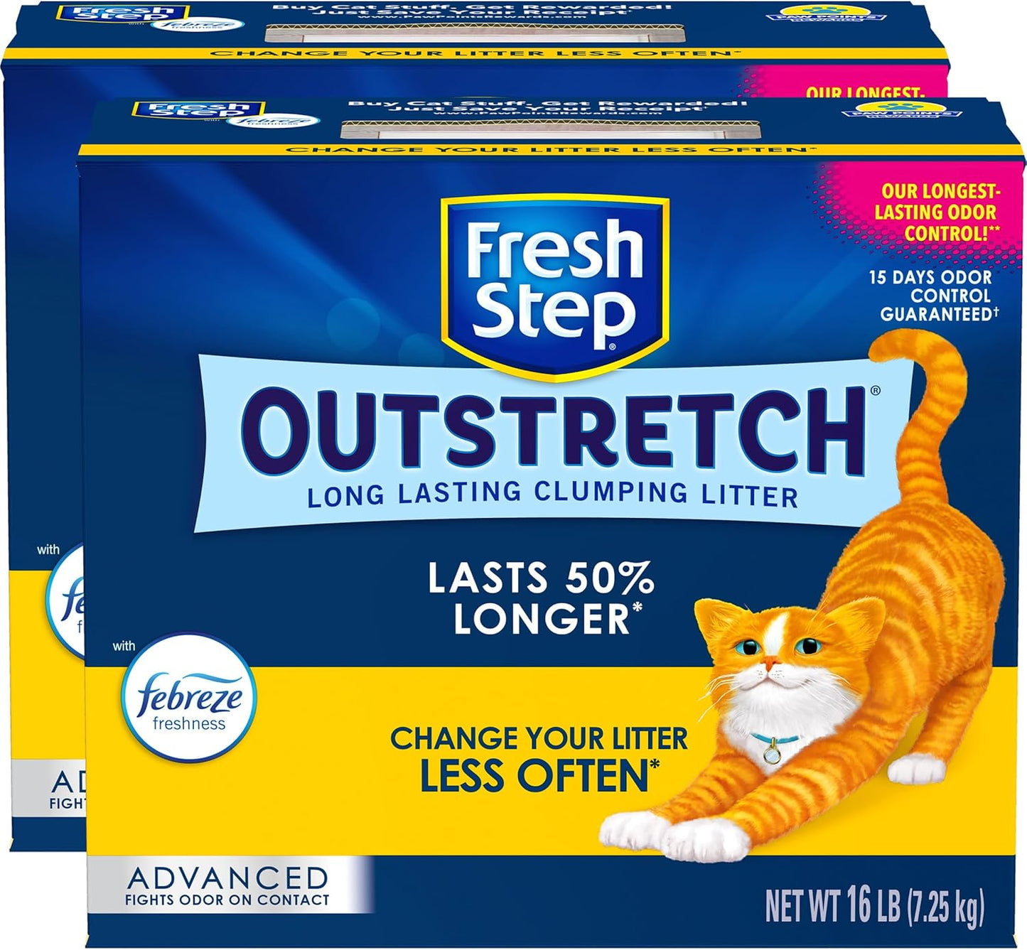 Fresh Step Outstretch Advanced Long Lasting Clumping Litter With Febreze Freshness and Guaranteed Odor Control, Activated Charcoal Litter Lasts 50% Longer, 32 lbs. (2 x 16 lb. Box)