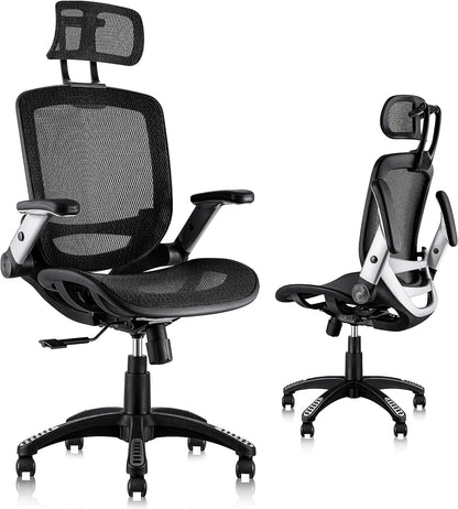 GABRYLLY Ergonomic Office Chair, High Back Home Desk Chair with Headrest, Flip-Up Arms, 90-120° Tilt Lock and Wide Cushion, Big and Tall Mesh Chairs for Man Woman, Black Task Chair