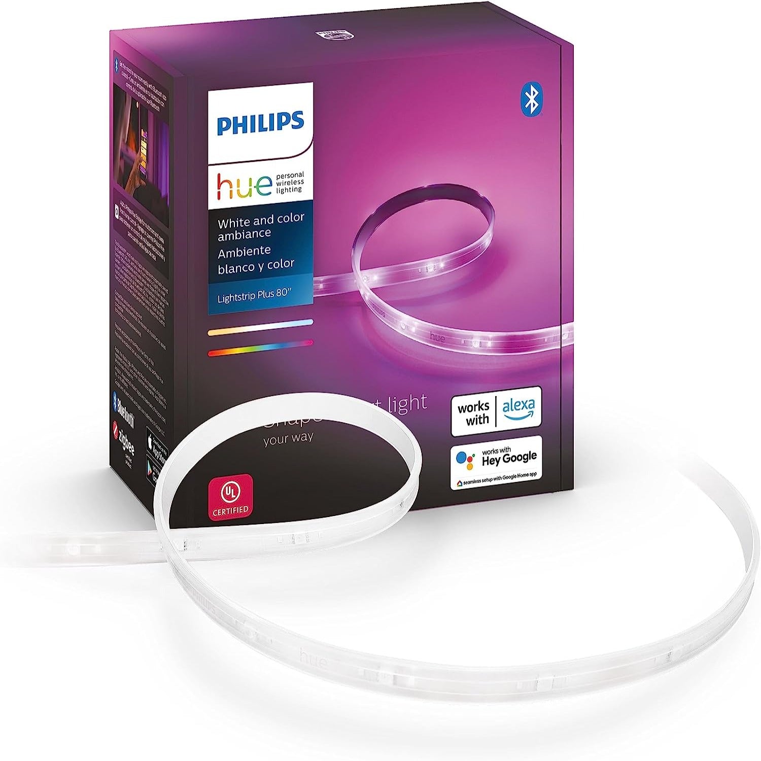 Philips Hue Bluetooth Smart Lightstrip Plus 2m/6ft Base Kit with Plug, (Voice Compatible with Amazon Alexa, Apple Homekit and Google Home), White