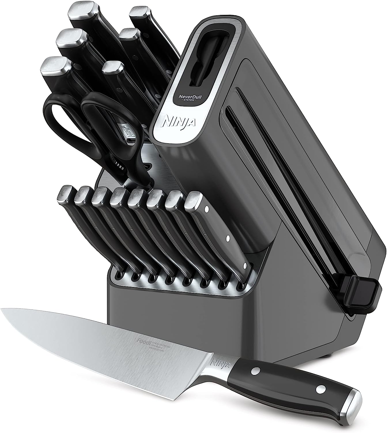 Ninja K32014 Foodi NeverDull Premium Knife System, 14 Piece Knife Block Set with Built-in Sharpener, German Stainless Steel Knives, Black