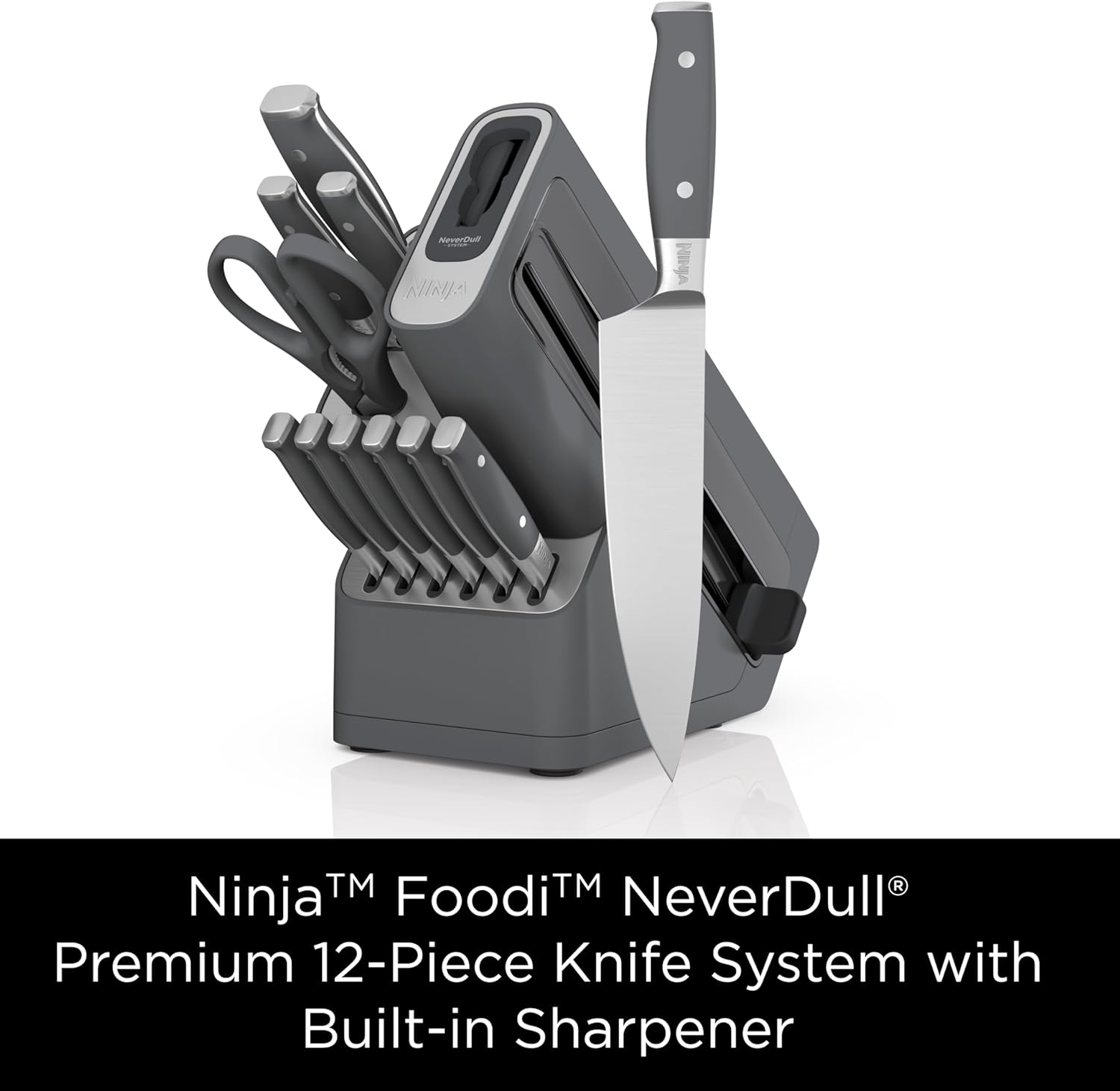 Ninja K32014 Foodi NeverDull Premium Knife System, 14 Piece Knife Block Set with Built-in Sharpener, German Stainless Steel Knives, Black