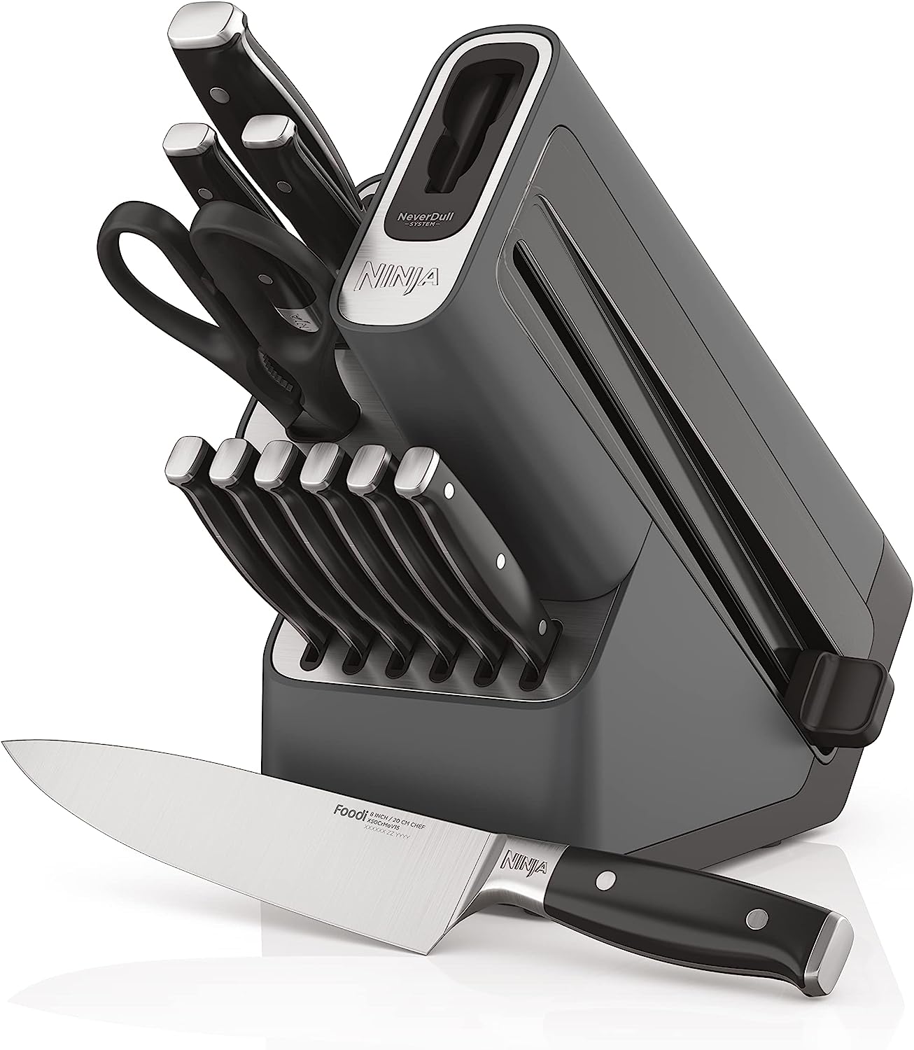 Ninja K32014 Foodi NeverDull Premium Knife System, 14 Piece Knife Block Set with Built-in Sharpener, German Stainless Steel Knives, Black