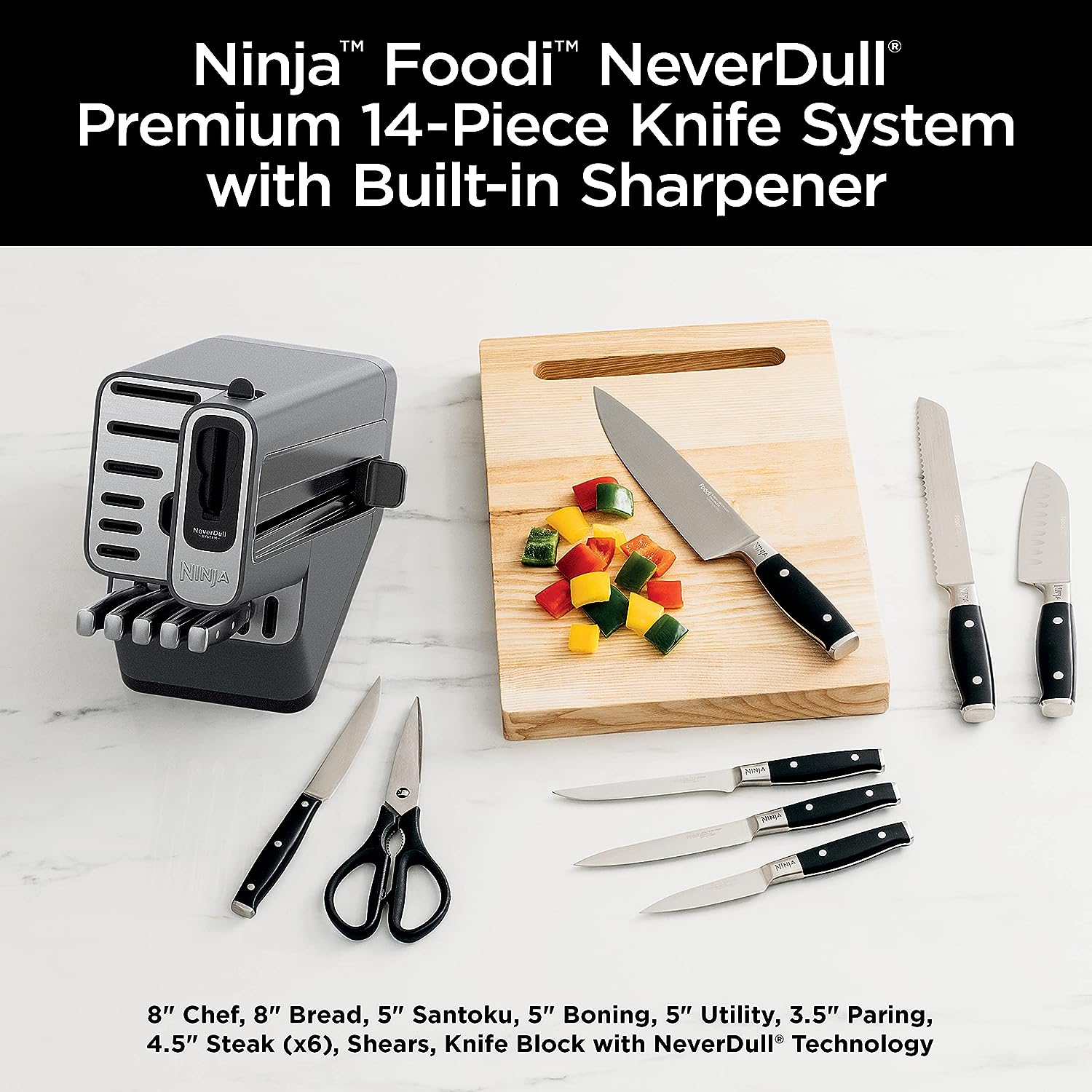 Ninja K32014 Foodi NeverDull Premium Knife System, 14 Piece Knife Block Set with Built-in Sharpener, German Stainless Steel Knives, Black