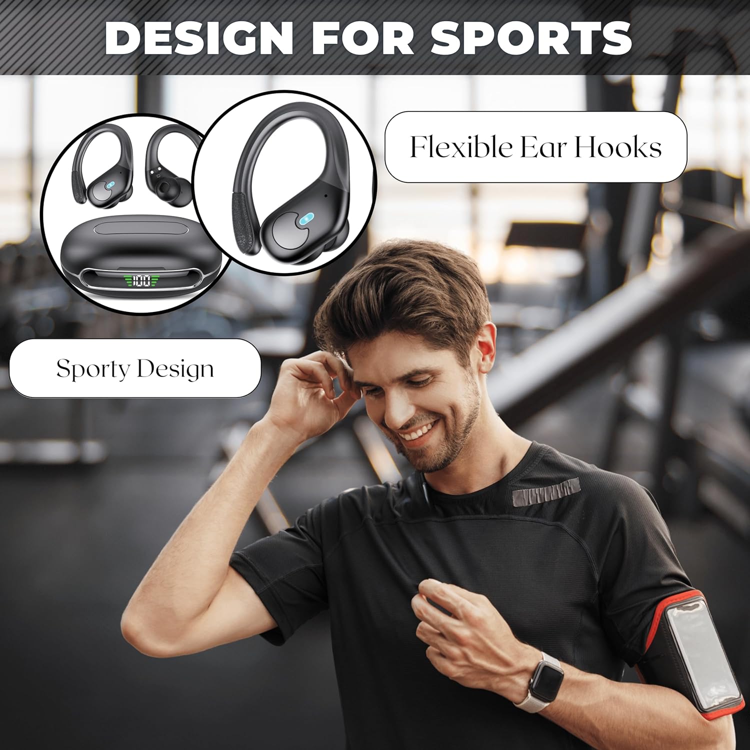 Wireless Headphones| High-Capacity 55mAh Battery| Immersive Sound| Sports Earbuds Bluetooth Wireless| Lightweight Comfort Earbuds| LED Display Earphones with Ear Hooks for Workout, Running & Gym.