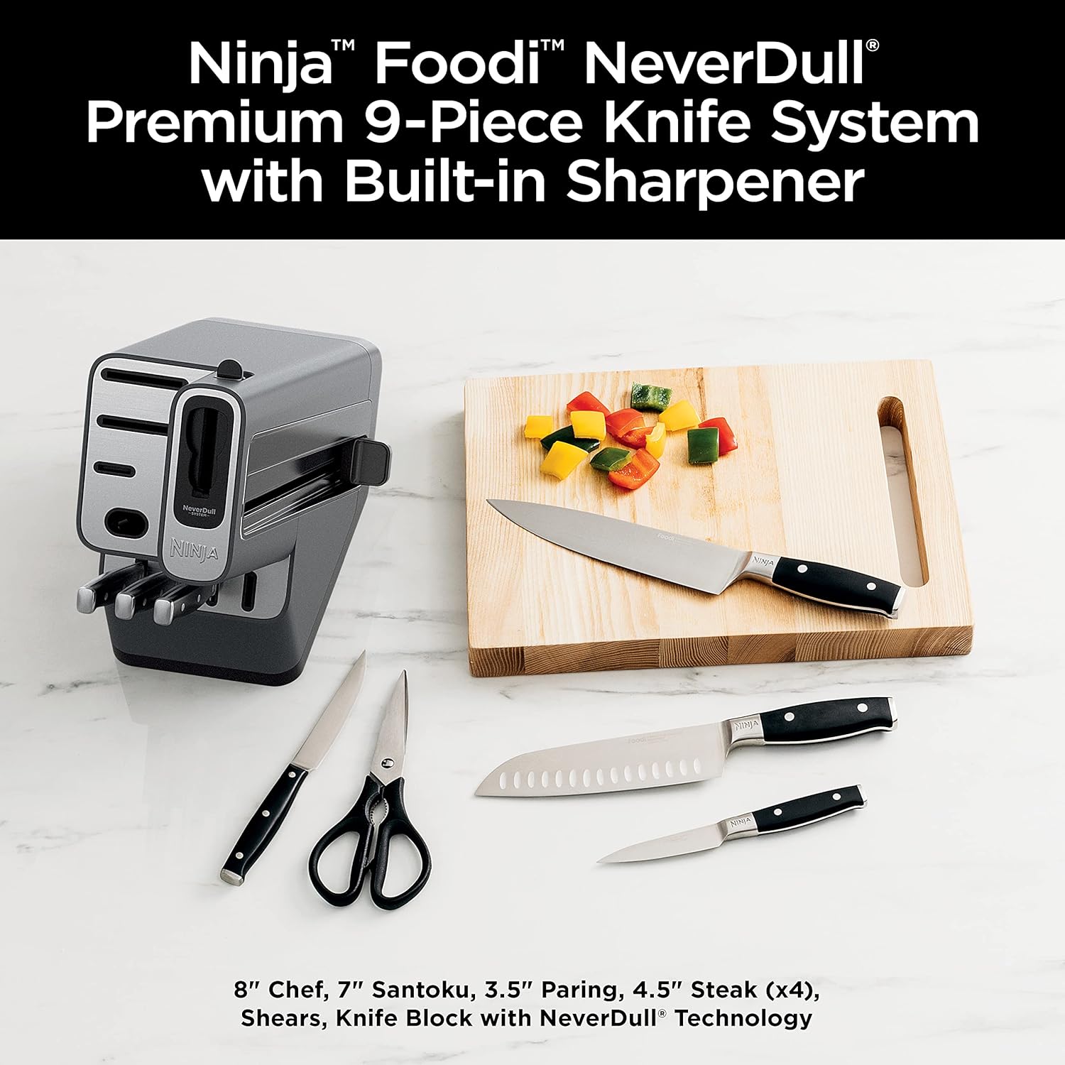 Ninja K32014 Foodi NeverDull Premium Knife System, 14 Piece Knife Block Set with Built-in Sharpener, German Stainless Steel Knives, Black