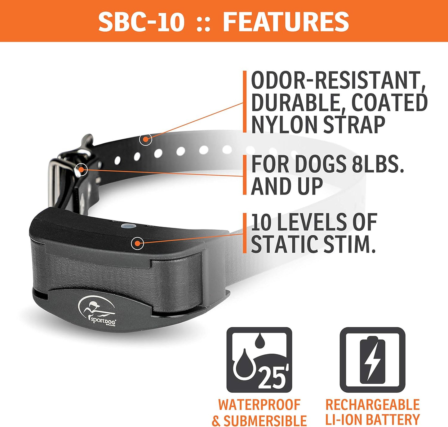 SportDOG Brand NoBark 10 Collar - Rechargeable, Programmable Bark Collar - Waterproof & Submersible, Black